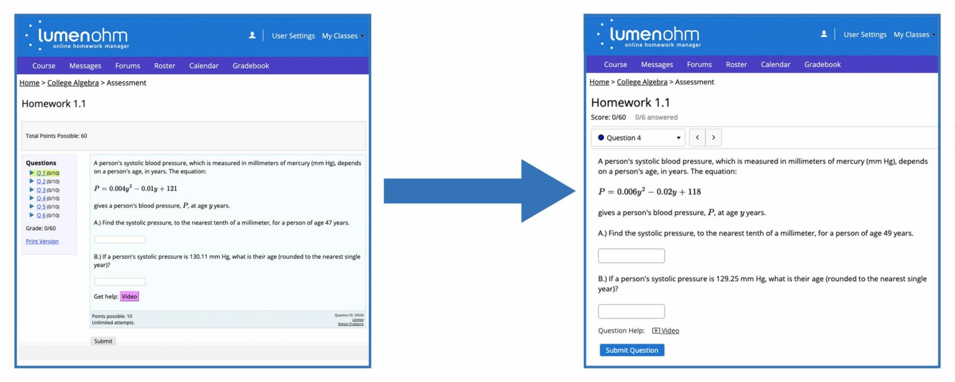 Image showing the changes to Online Homework Manager (OHM) courseware to make it optimized for screen reader users and made it easier for students of all abilities to navigate through their assignments.
