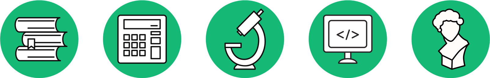 5 icons separated into circles. One is a stack of books, one is a calculator, one is a microscope, one is a computer and one is a bust sculpture.