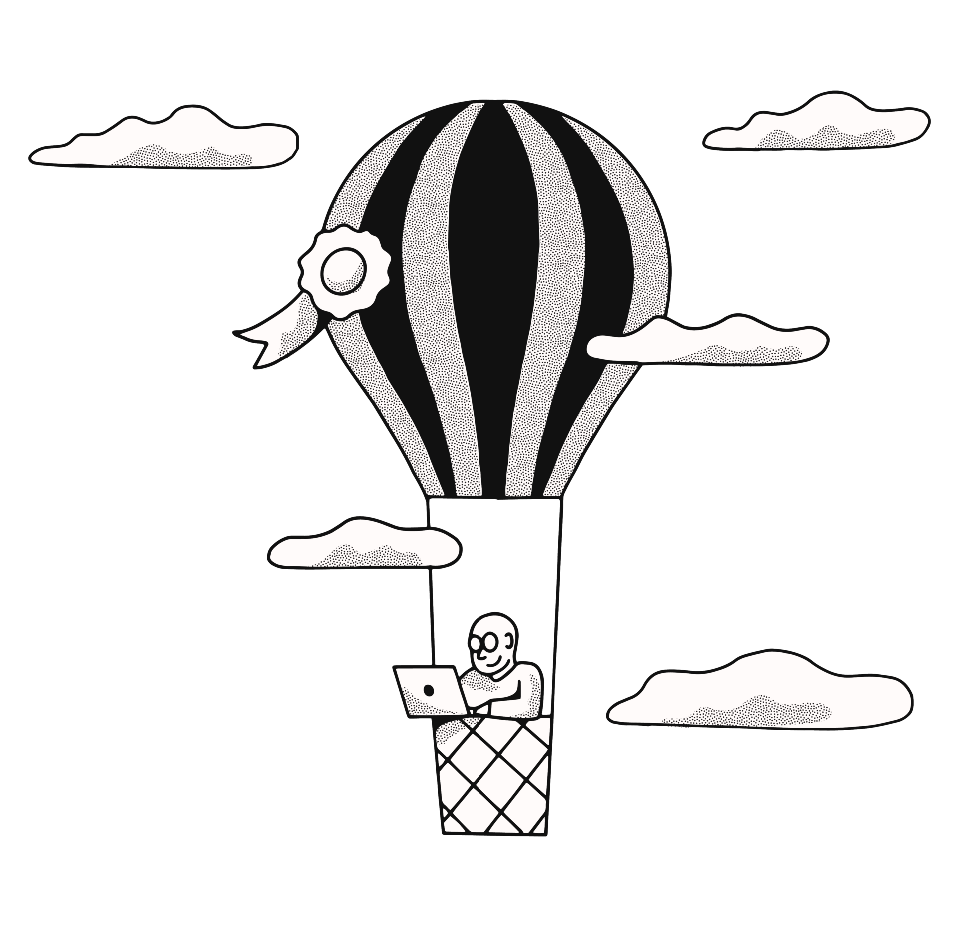 illustration of man in a hot air balloon, using a laptop.