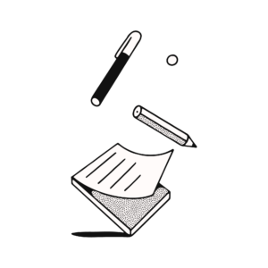 illustration of a pen, pencil and notepad.