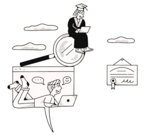 Illustration of a woman in a graduation gown sitting on a magnifying glass above a browser window containing a man lying down working on a laptop, with a chat bubble and smiley bubble beside him. To the right is a graduation certificate with a ribbon and signature.