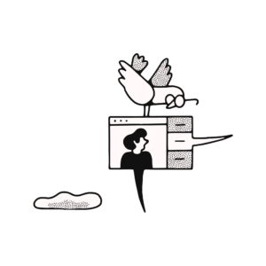 Illustration of a bird wearing glasses standing on top of a browser window displaying a person.