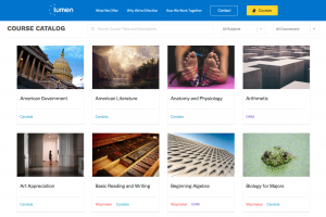 New Catalog screenshot 17 jan Screenshot of lumen course catalog, showing the courses for American government, American Literature, Anatomy and Physiology, Arithmetic, Art Appreciation, Basic Reading and Writing, Beginning Algebra and Biology for Majors.