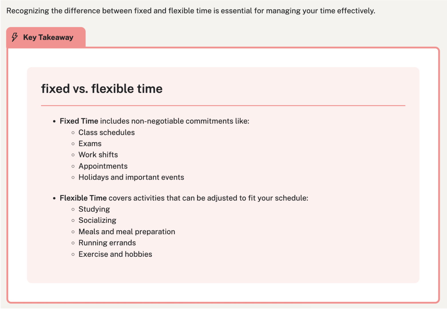 Fixed vs flexible time image of a slide showing the differences between fixed time and flexible time