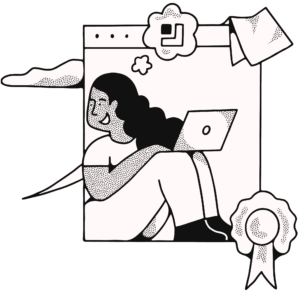 Illustration of a woman sitting inside a web browser window working on a laptop, with a thought cloud showing a shape and a ribbon in the bottom-right corner.